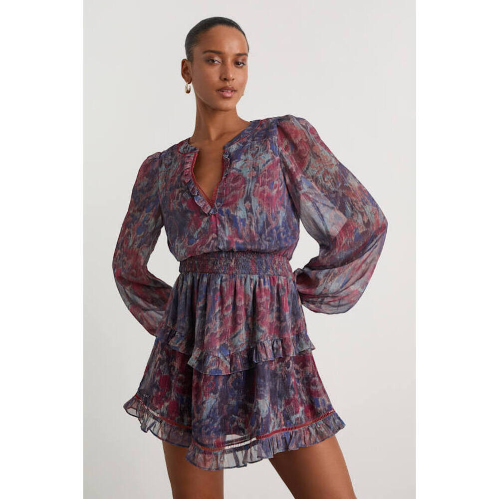 Lulus Variah Blue Multi Boho Print Long Sleeve Mini Dress - Size L